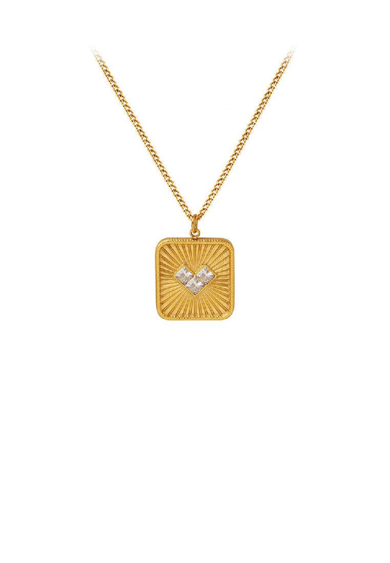Fashion Simple Plated Gold 316L Stainless Steel Pattern Heart-shaped Square Pendant with White Cubic Zirconia and Necklace - Luxurious Look