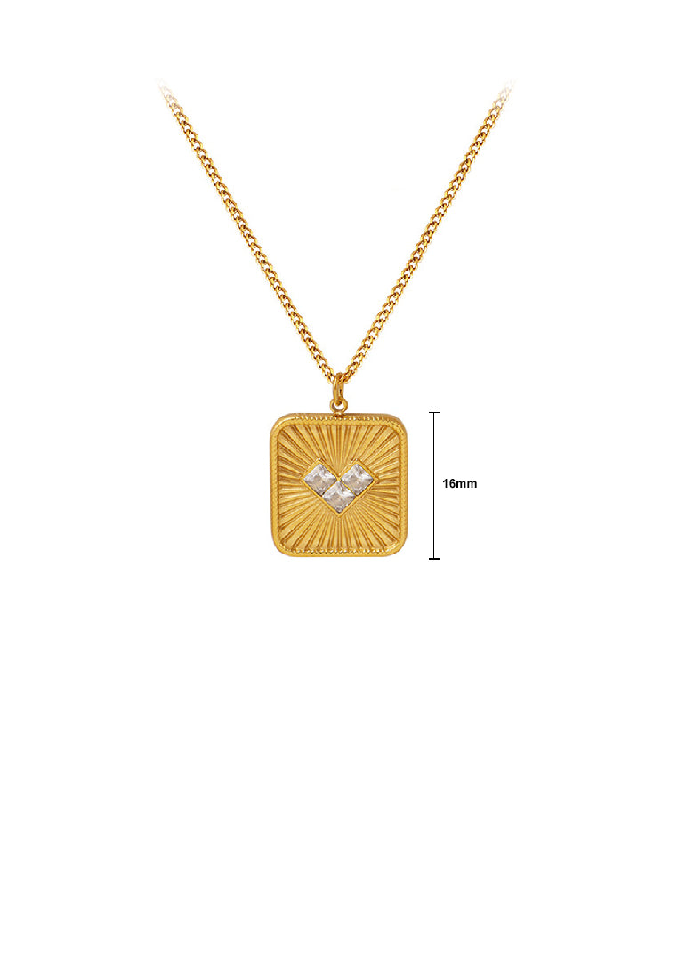 Fashion Simple Plated Gold 316L Stainless Steel Pattern Heart-shaped Square Pendant with White Cubic Zirconia and Necklace - Luxurious Look