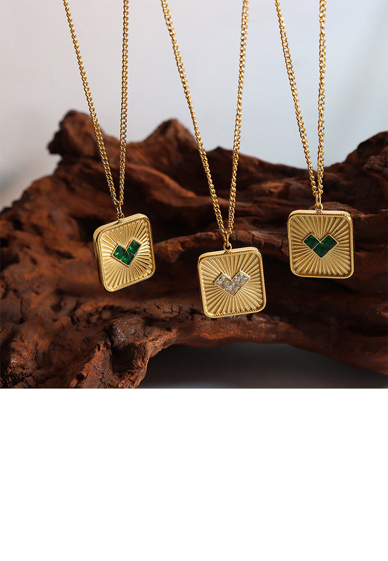Fashion Simple Plated Gold 316L Stainless Steel Pattern Heart-shaped Square Pendant with White Cubic Zirconia and Necklace - Luxurious Look
