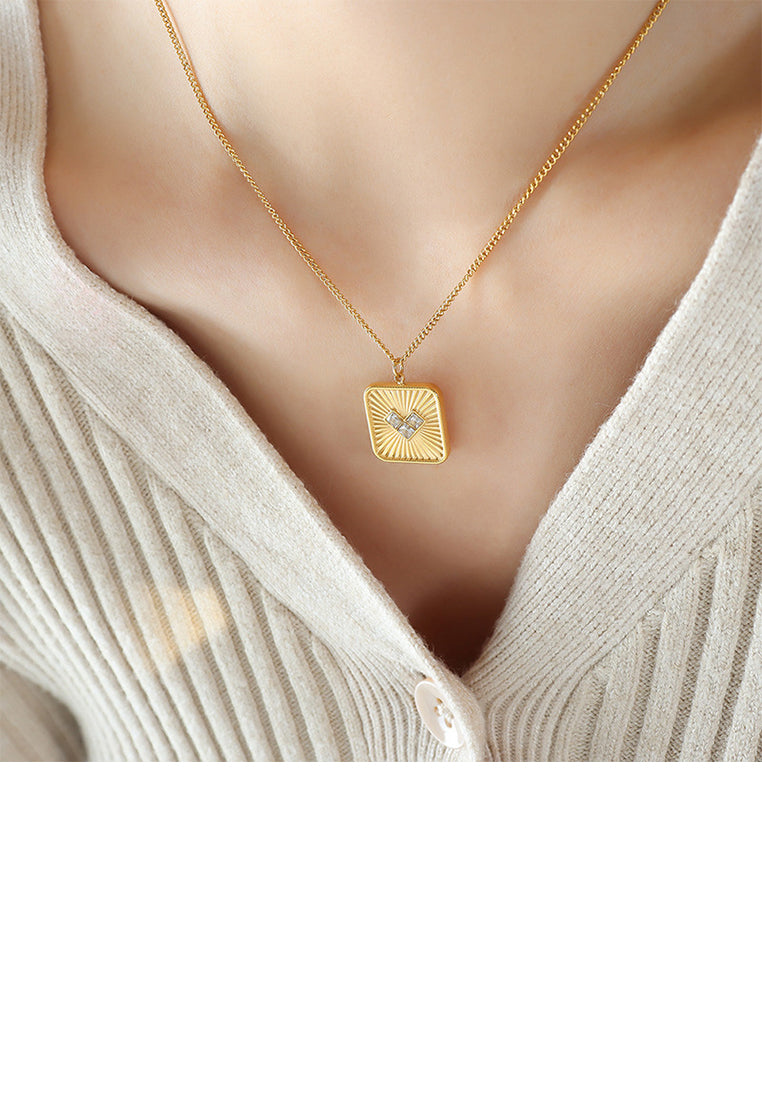 Fashion Simple Plated Gold 316L Stainless Steel Pattern Heart-shaped Square Pendant with White Cubic Zirconia and Necklace - Luxurious Look