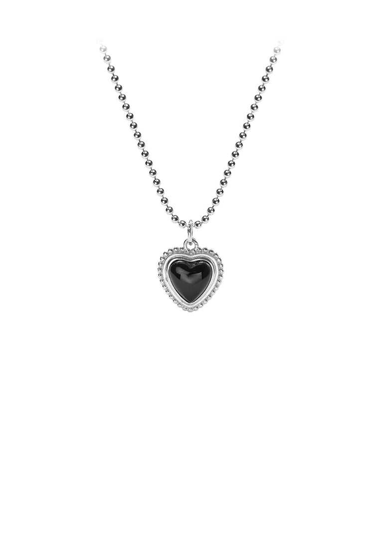 925 Sterling Silver Simple Fashion Heart Black Agate Pendant with Beaded Necklace