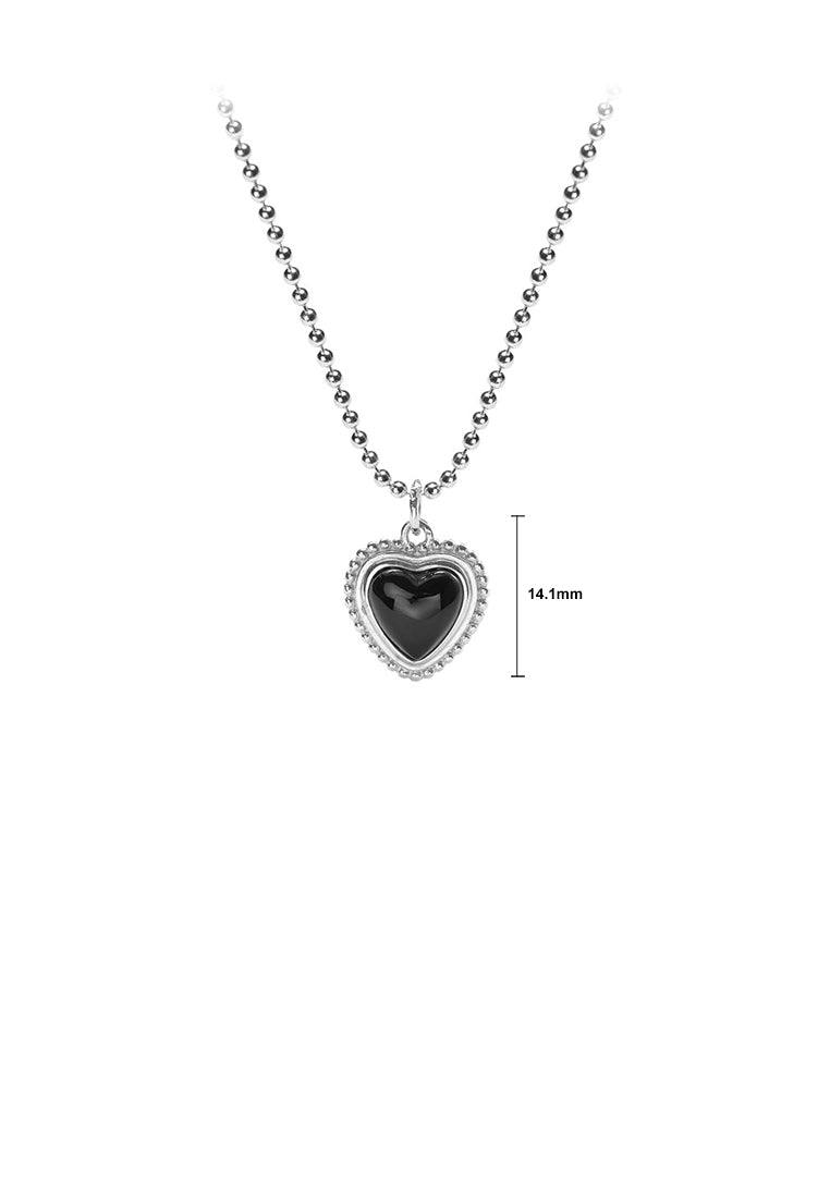 925 Sterling Silver Simple Fashion Heart Black Agate Pendant with Beaded Necklace