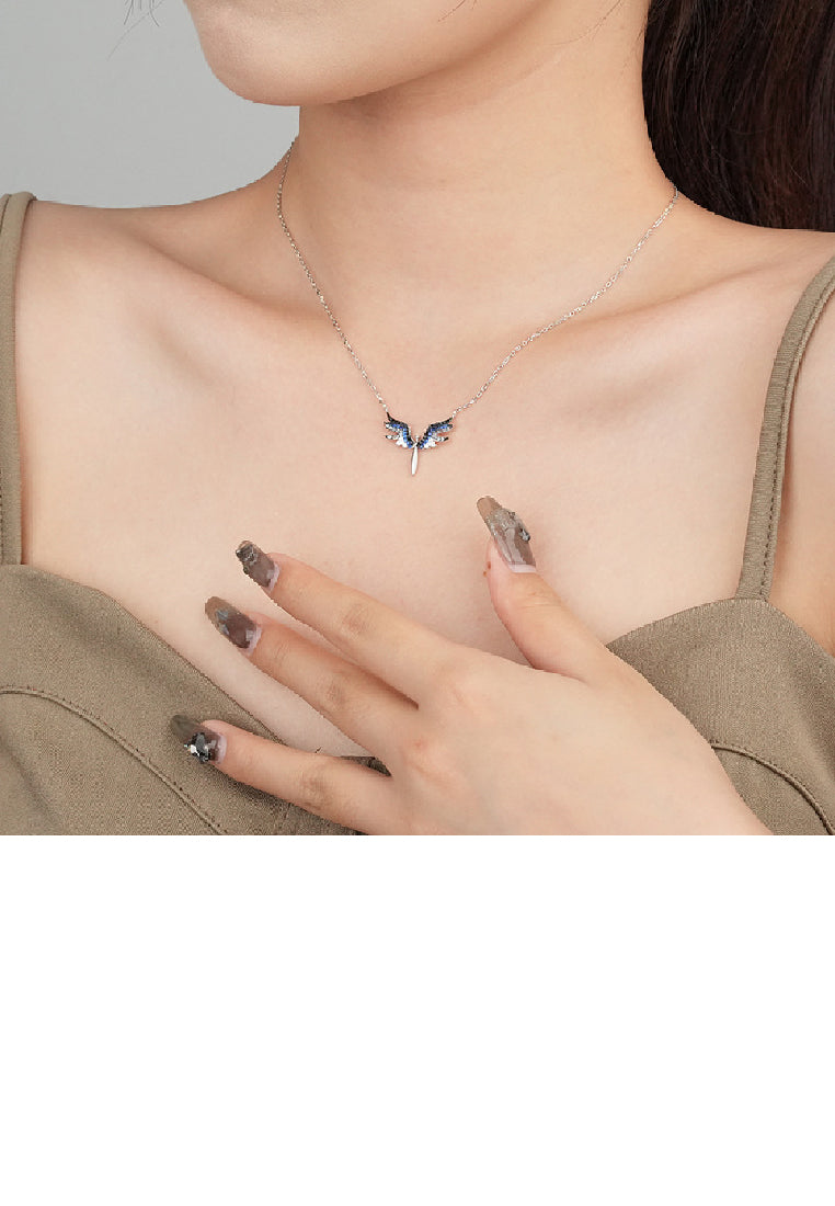925 Sterling Silver Fashion Temperament Angel Wing Pendant with Cubic Zirconia and Necklace - Luxurious Look