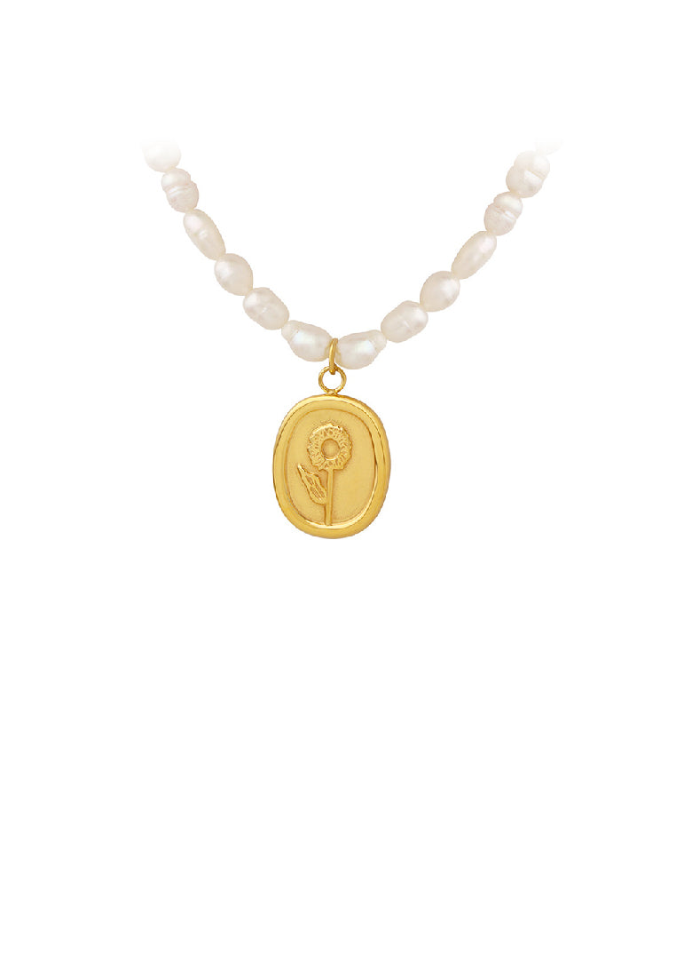 Fashion Elegant Plated Gold 316L Stainless Steel Flower Pattern Geometric Pendant with Imitation Pearl Beaded Necklace - Luxurious Look