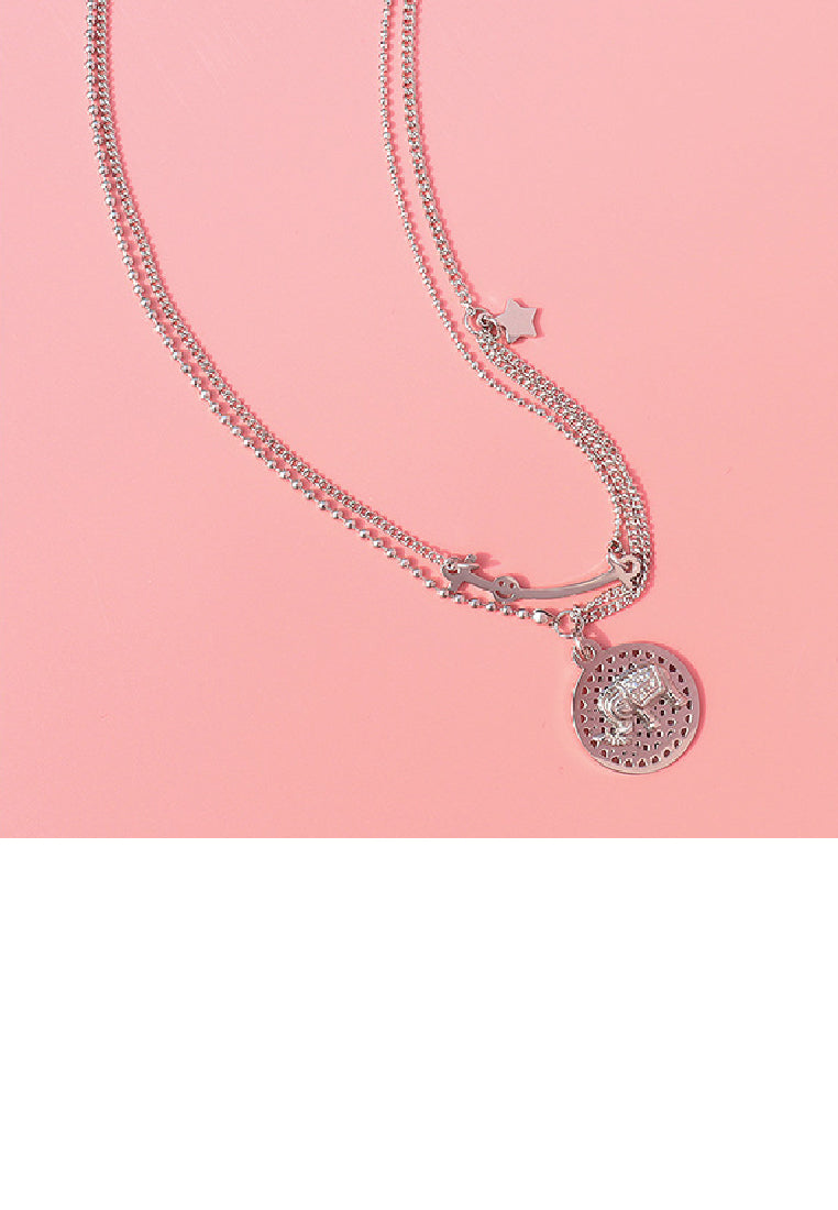 Fashion Elegant 316L Stainless Steel Elephant Geometric Round Pendant with Double Layer Necklace