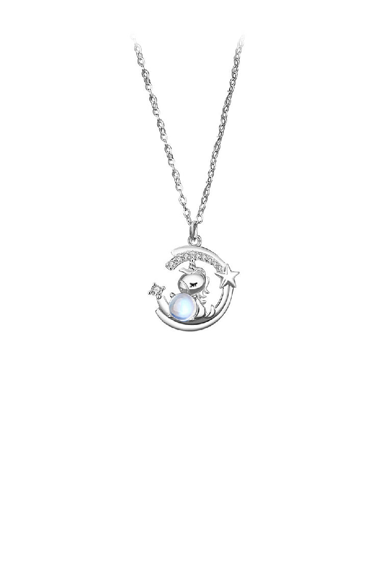 925 Sterling Silver Fashion Sweet Unicorn Star Moonstone Pendant with Cubic Zirconia and Necklace - Luxurious Look