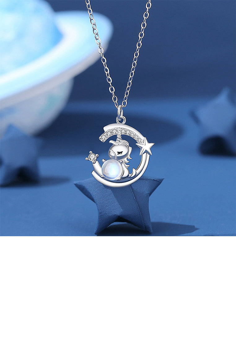 925 Sterling Silver Fashion Sweet Unicorn Star Moonstone Pendant with Cubic Zirconia and Necklace - Luxurious Look