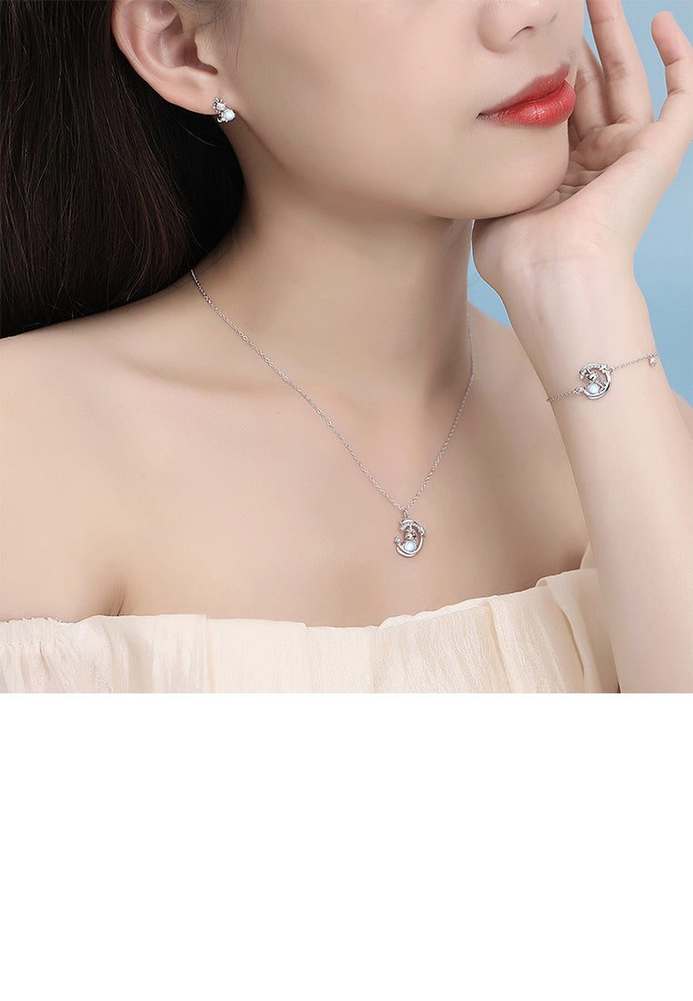 925 Sterling Silver Fashion Sweet Unicorn Star Moonstone Pendant with Cubic Zirconia and Necklace - Luxurious Look