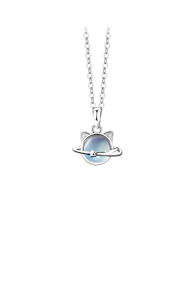 925 Sterling Silver Fashionable Cat Planet Pendant with Moonstone and Necklace