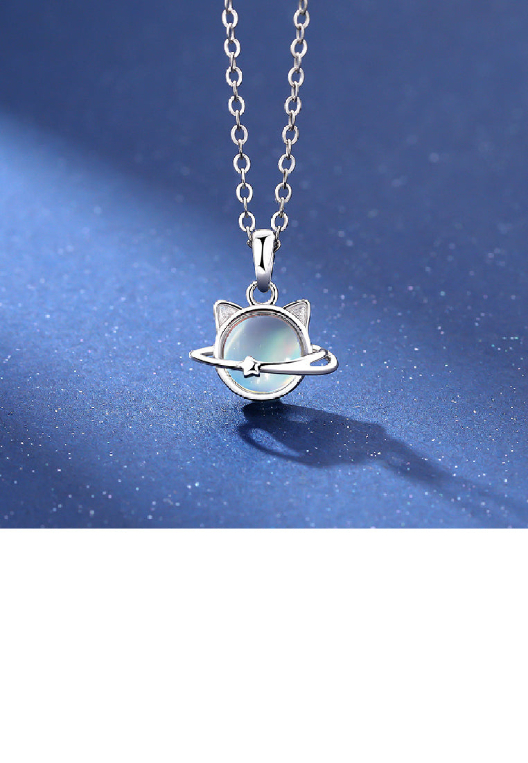 925 Sterling Silver Fashionable Cat Planet Pendant with Moonstone and Necklace
