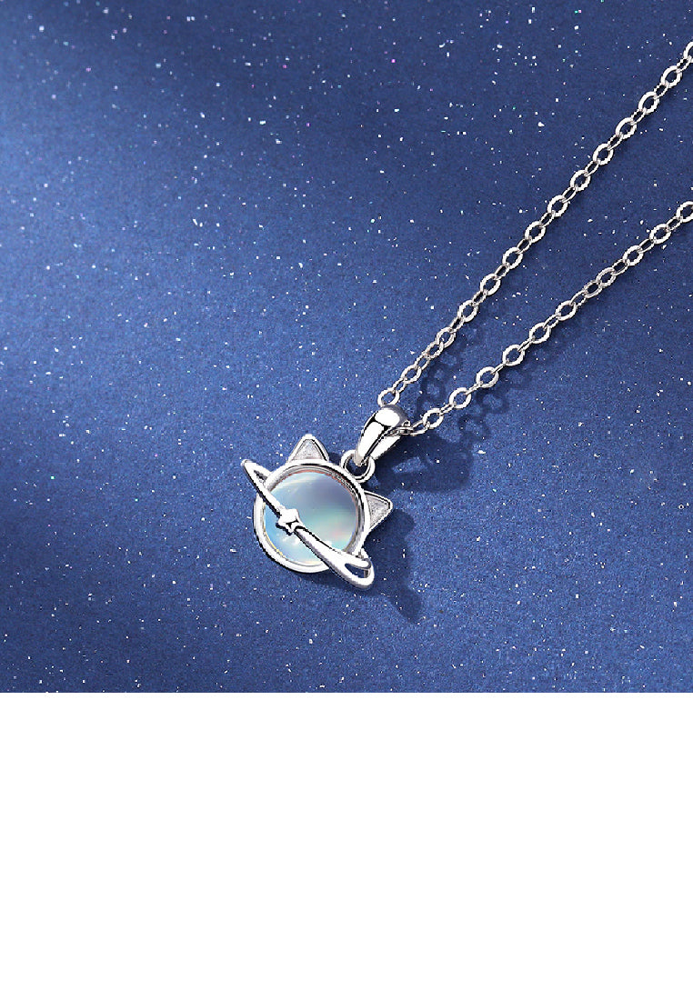 925 Sterling Silver Fashionable Cat Planet Pendant with Moonstone and Necklace