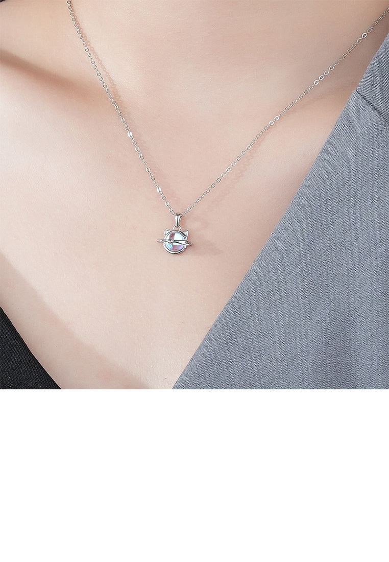 925 Sterling Silver Fashionable Cat Planet Pendant with Moonstone and Necklace