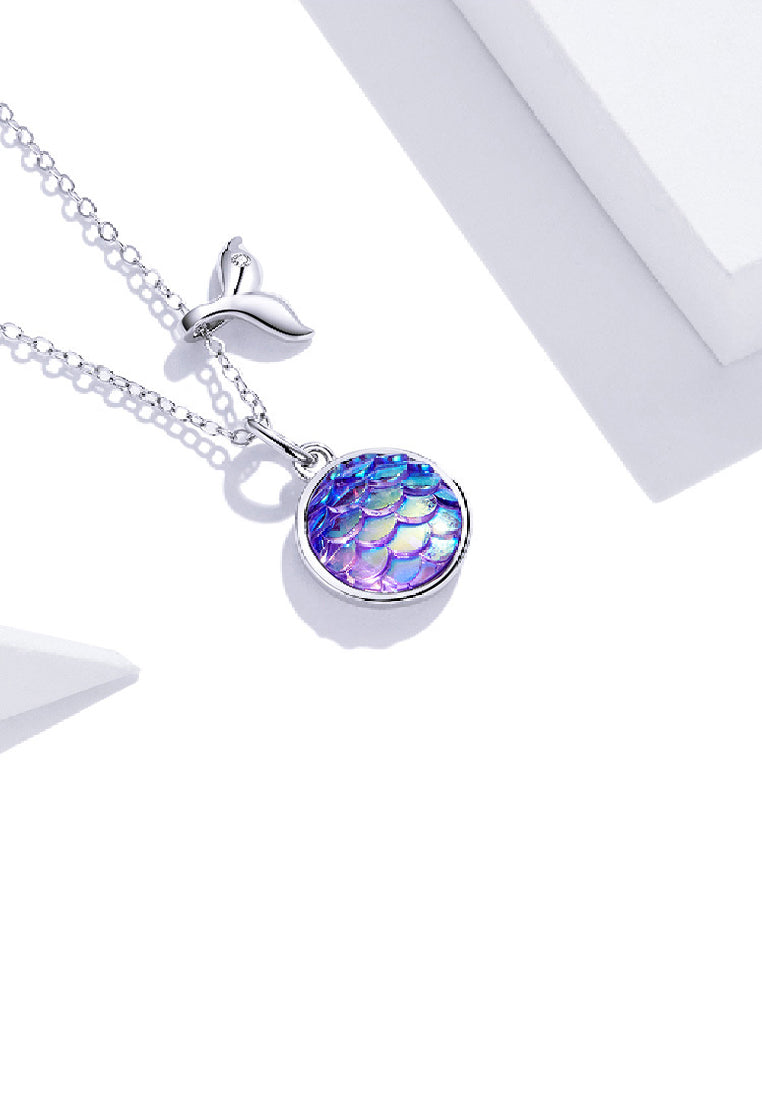 925 Sterling Silver Fashion Temperament Color Scale Geometric Round Fishtail Pendant with Cubic Zirconia and Necklace - Luxurious Look