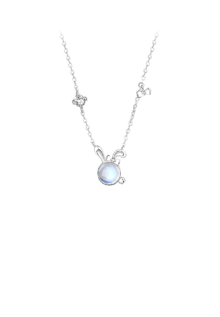925 Sterling Silver Simple and Cute Rabbit Moonstone Pendant with Cubic Zirconia and Necklace - Luxurious Look
