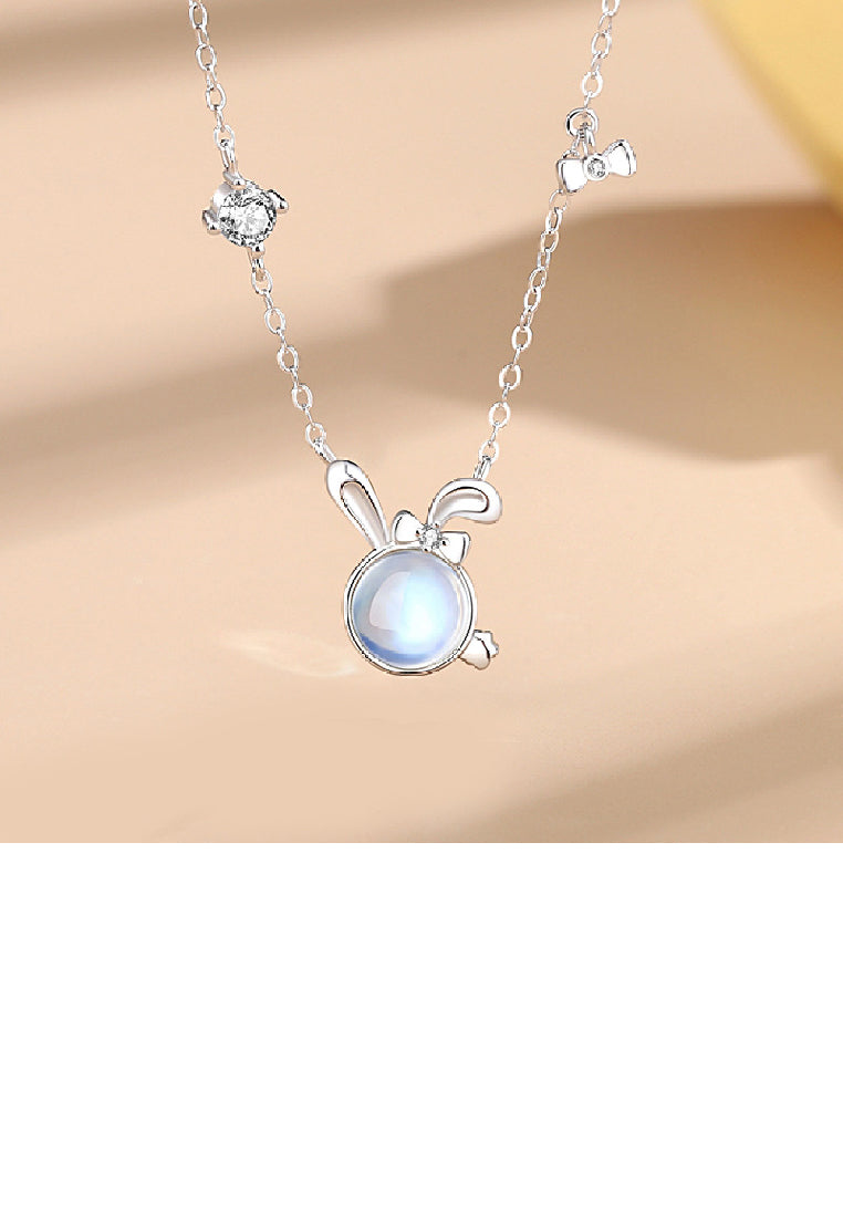 925 Sterling Silver Simple and Cute Rabbit Moonstone Pendant with Cubic Zirconia and Necklace - Luxurious Look