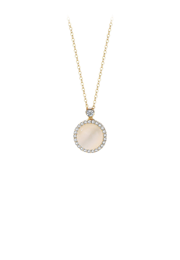 925 Sterling Silver Plated Gold Fashion Simple Geometric Round Opal Pendant with Cubic Zirconia and Necklace - Luxurious Look