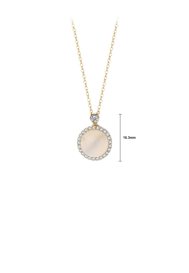 925 Sterling Silver Plated Gold Fashion Simple Geometric Round Opal Pendant with Cubic Zirconia and Necklace - Luxurious Look