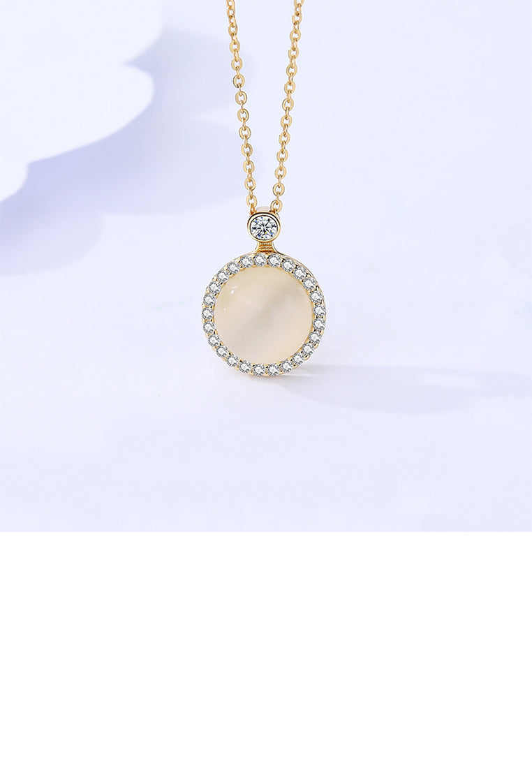925 Sterling Silver Plated Gold Fashion Simple Geometric Round Opal Pendant with Cubic Zirconia and Necklace - Luxurious Look