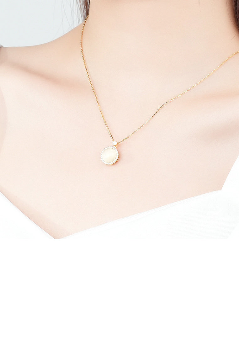 925 Sterling Silver Plated Gold Fashion Simple Geometric Round Opal Pendant with Cubic Zirconia and Necklace - Luxurious Look