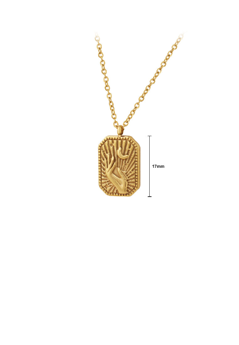 Fashion Personality Plated Gold 316L Stainless Steel Hand Hold Moon Geometric Square Pendant with Necklace