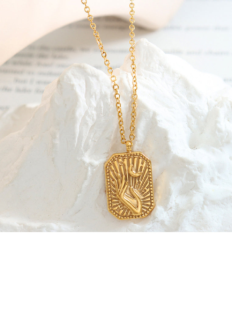 Fashion Personality Plated Gold 316L Stainless Steel Hand Hold Moon Geometric Square Pendant with Necklace