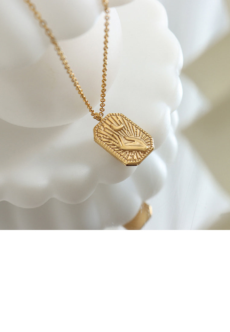 Fashion Personality Plated Gold 316L Stainless Steel Hand Hold Moon Geometric Square Pendant with Necklace