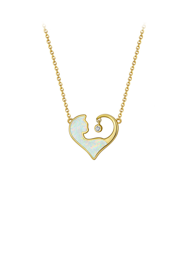 925 Sterling Silver Plated Gold Simple Fashion Heart Shaped White Cat Pendant with Cubic Zirconia and Necklace - Luxurious Look