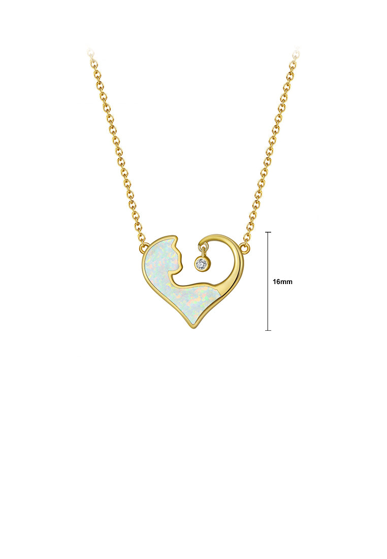 925 Sterling Silver Plated Gold Simple Fashion Heart Shaped White Cat Pendant with Cubic Zirconia and Necklace - Luxurious Look