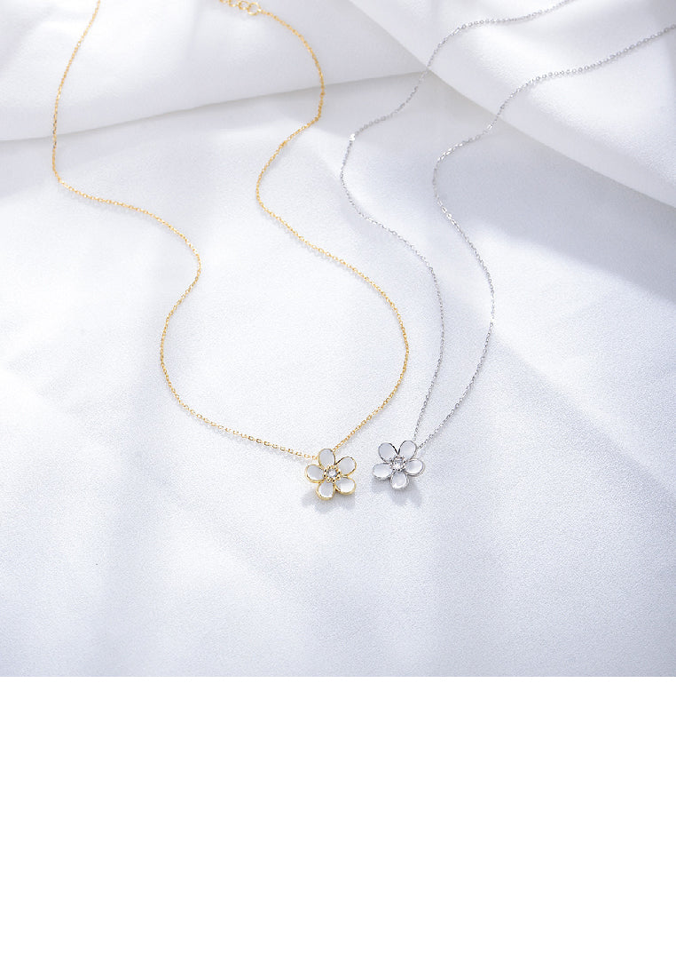 925 Sterling Silver Plated Gold Fashion Simple Flower Pendant with Cubic Zirconia and Necklace - Luxurious Look