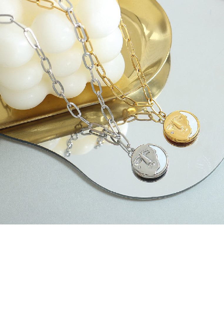 Fashion Simple 316L Stainless Steel Face Moon Geometric Pendant with Cubic Zirconia and Necklace - Luxurious Look