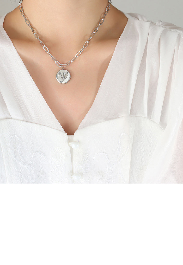 Fashion Simple 316L Stainless Steel Face Moon Geometric Pendant with Cubic Zirconia and Necklace - Luxurious Look