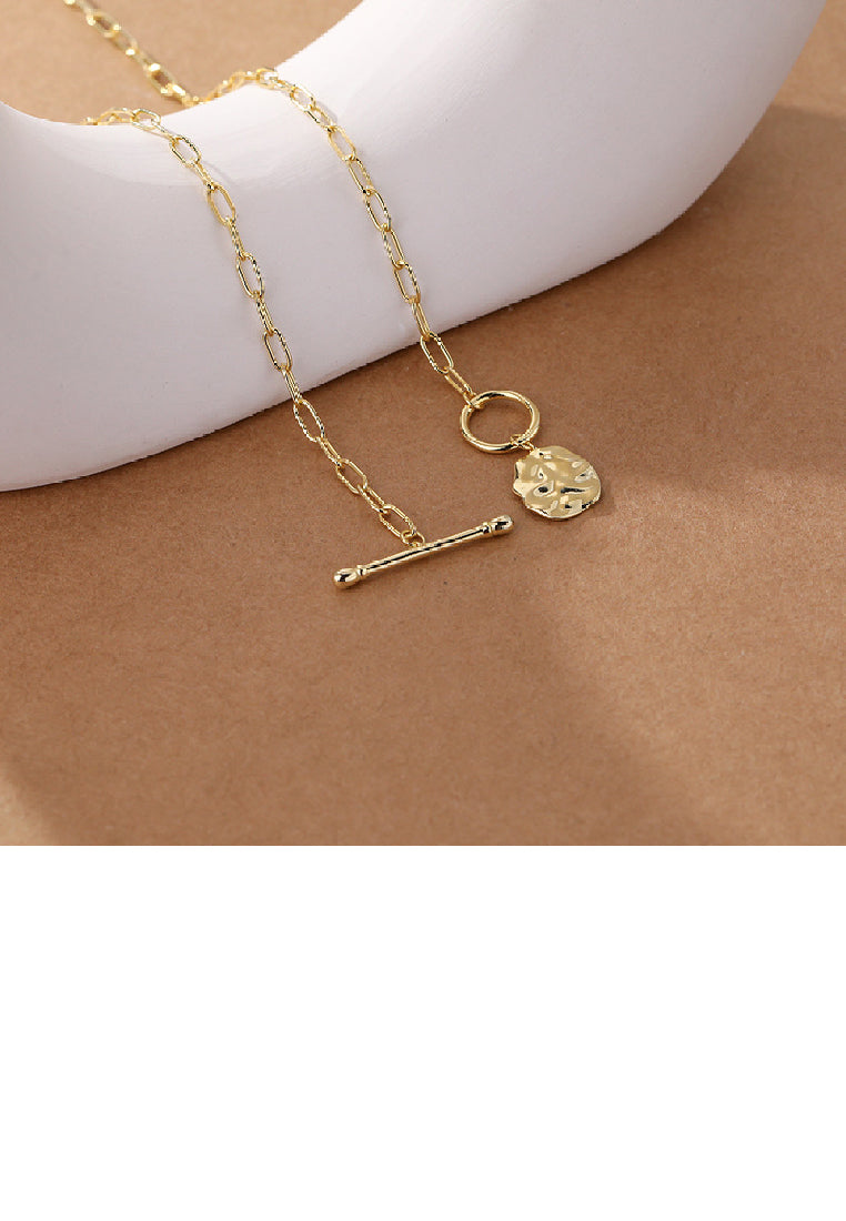 925 Sterling Silver Plated Gold Fashion Simple Irregular Pattern Geometric Round Pendant with Necklace
