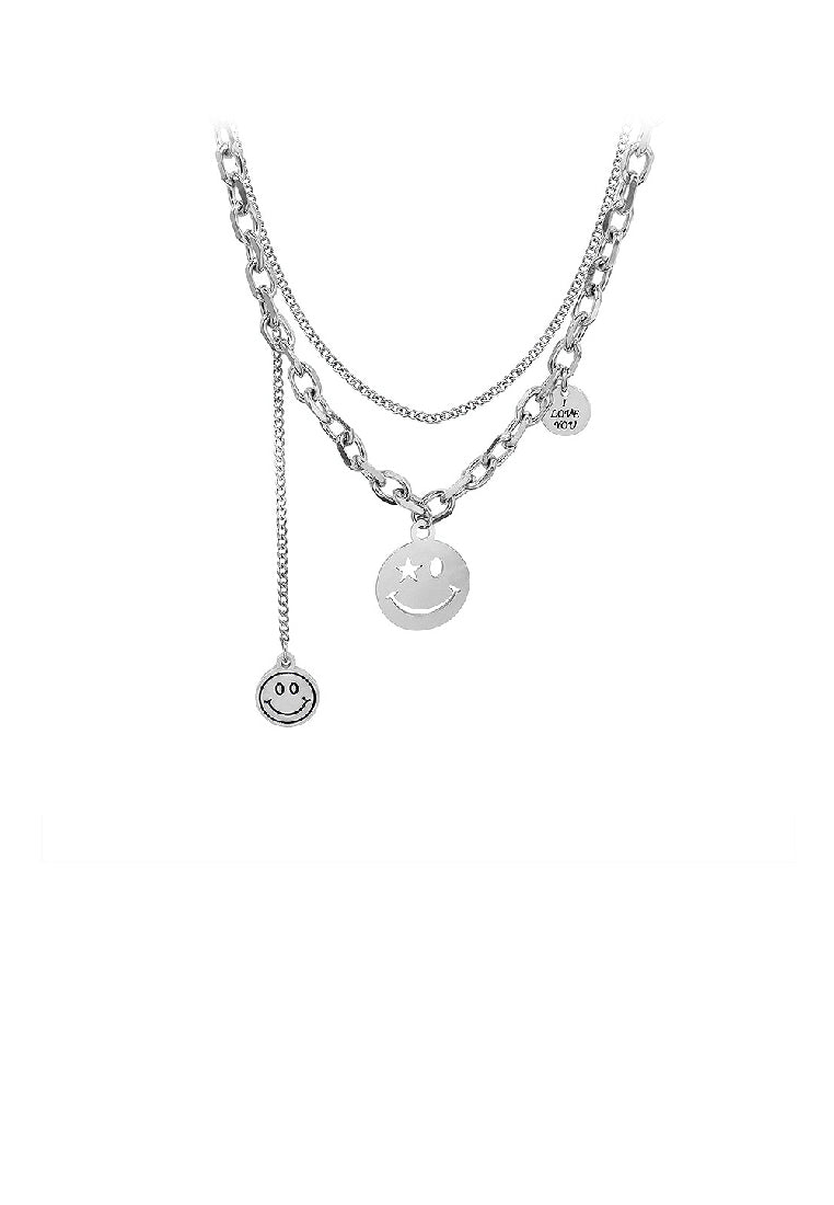 Fashion Temperament 316L Stainless Steel Smiley Geometric Round Tassel Pendant with Double Layer Necklace