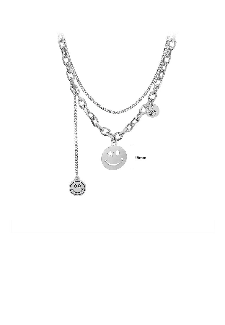 Fashion Temperament 316L Stainless Steel Smiley Geometric Round Tassel Pendant with Double Layer Necklace