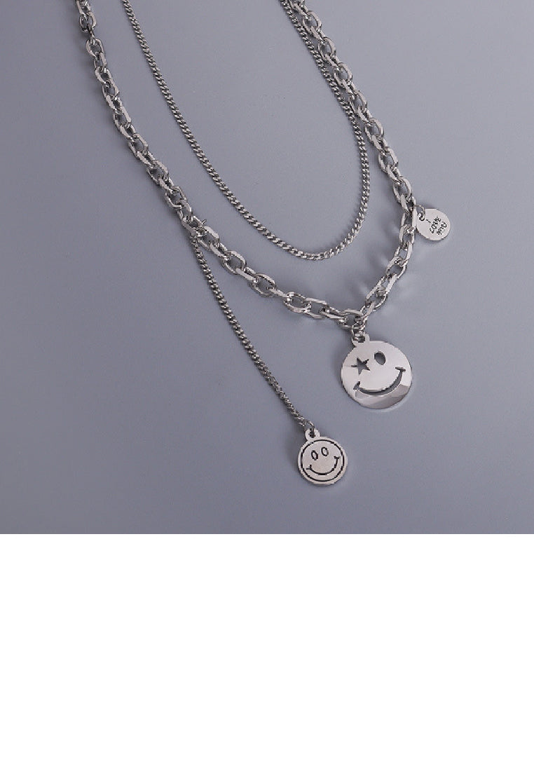Fashion Temperament 316L Stainless Steel Smiley Geometric Round Tassel Pendant with Double Layer Necklace