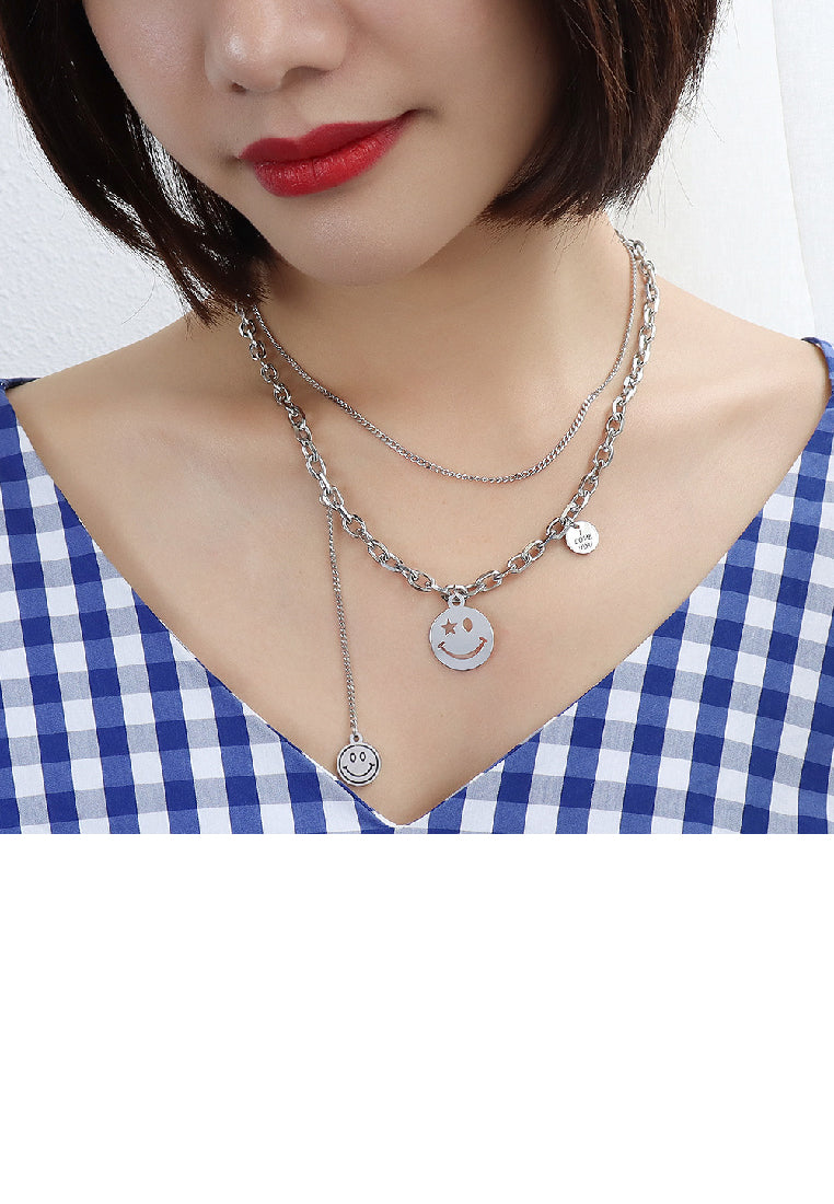 Fashion Temperament 316L Stainless Steel Smiley Geometric Round Tassel Pendant with Double Layer Necklace