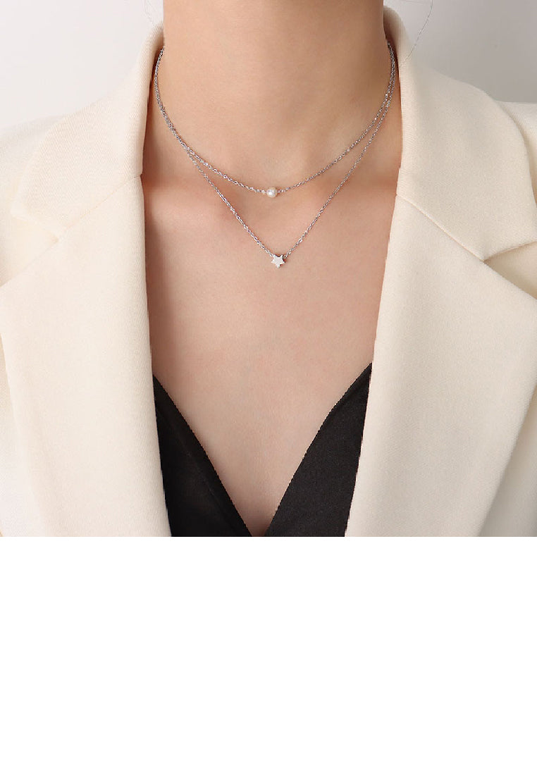 Simple Fashion 316L Stainless Steel Star Pendant with Imitation Pearl and Double Layer Necklace - Luxurious Look