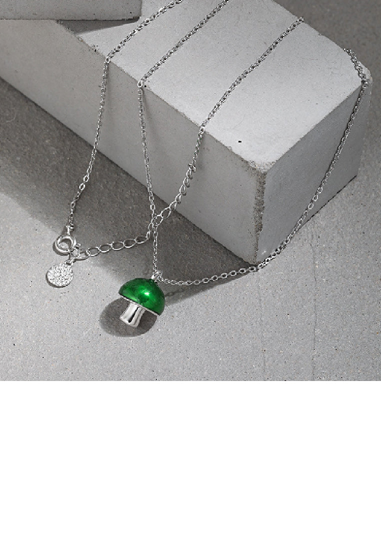 925 Sterling Silver Simple and Cute Green Epoxy Mushroom Pendant with Necklace