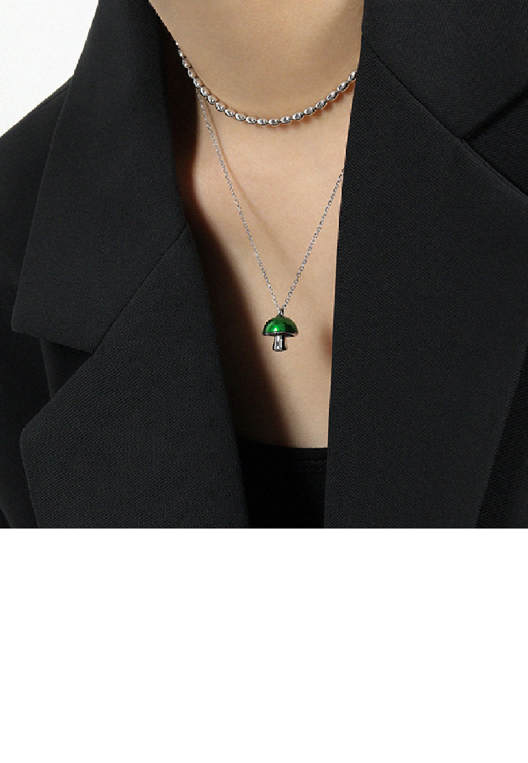 925 Sterling Silver Simple and Cute Green Epoxy Mushroom Pendant with Necklace