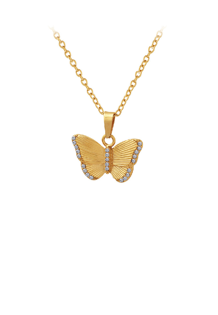 Fashion Elegant Plated Gold 316L Stainless Steel Butterfly Pendant with Cubic Zirconia and Necklace - Luxurious Look