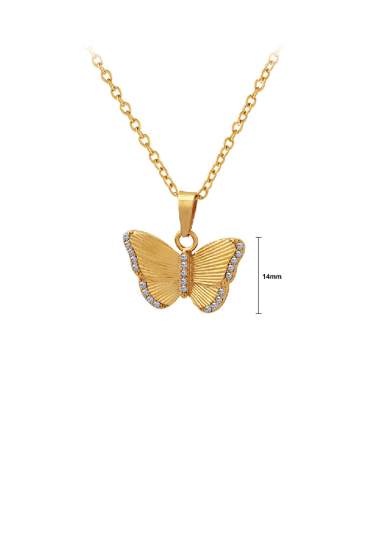 Fashion Elegant Plated Gold 316L Stainless Steel Butterfly Pendant with Cubic Zirconia and Necklace - Luxurious Look