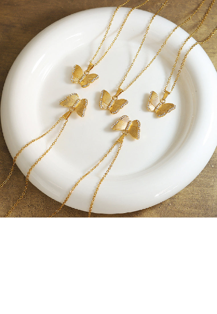 Fashion Elegant Plated Gold 316L Stainless Steel Butterfly Pendant with Cubic Zirconia and Necklace - Luxurious Look