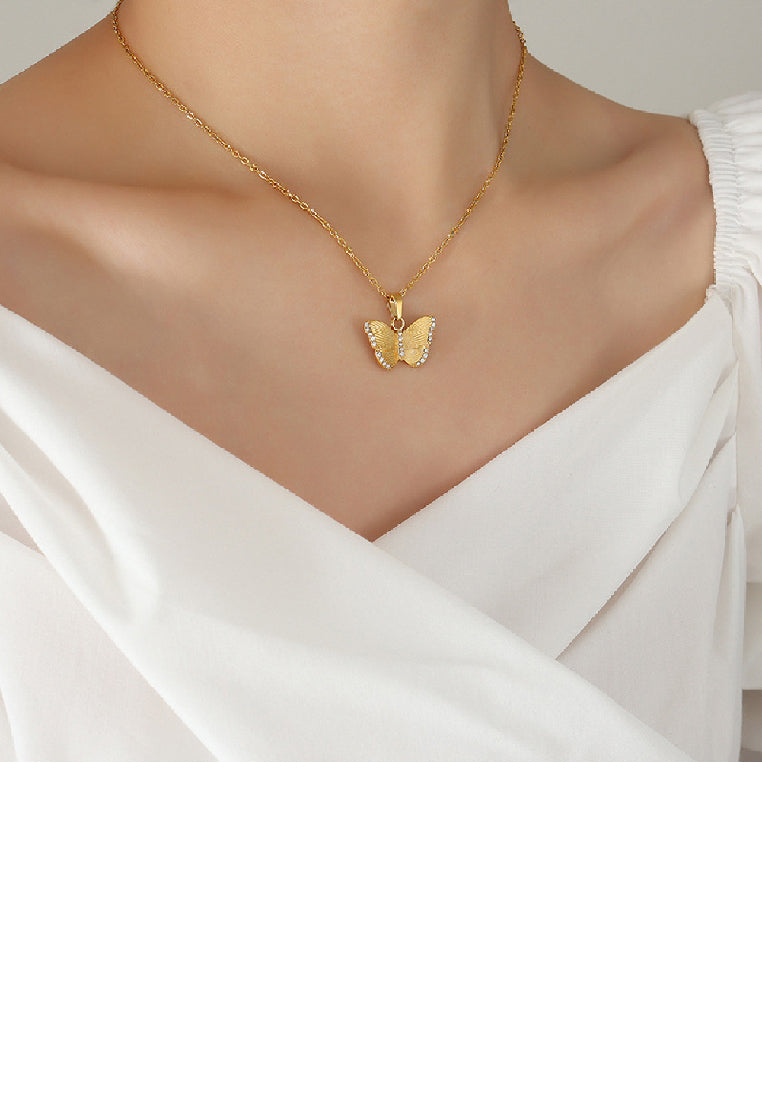 Fashion Elegant Plated Gold 316L Stainless Steel Butterfly Pendant with Cubic Zirconia and Necklace - Luxurious Look