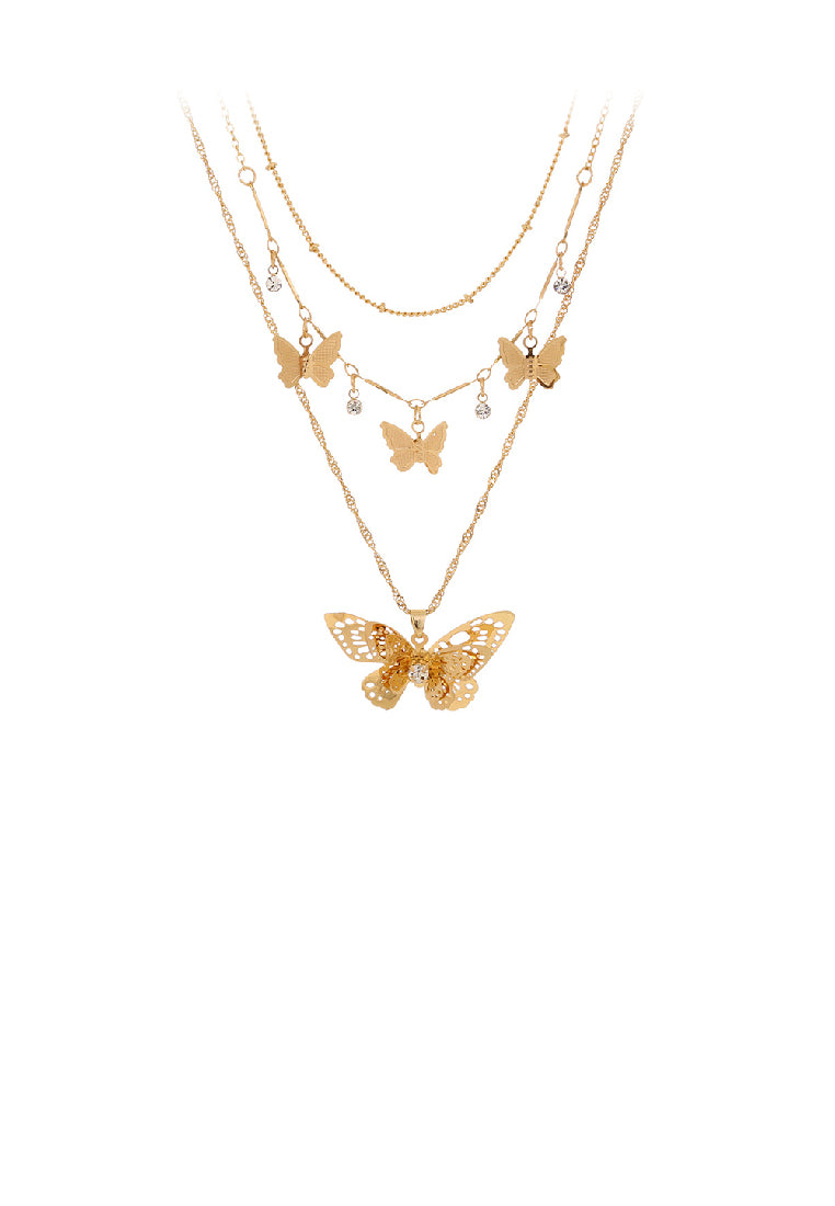 Fashion and Elegant Plated Gold Hollow Butterfly Pendant with Cubic Zirconia and Layered Necklace - Luxurious Look