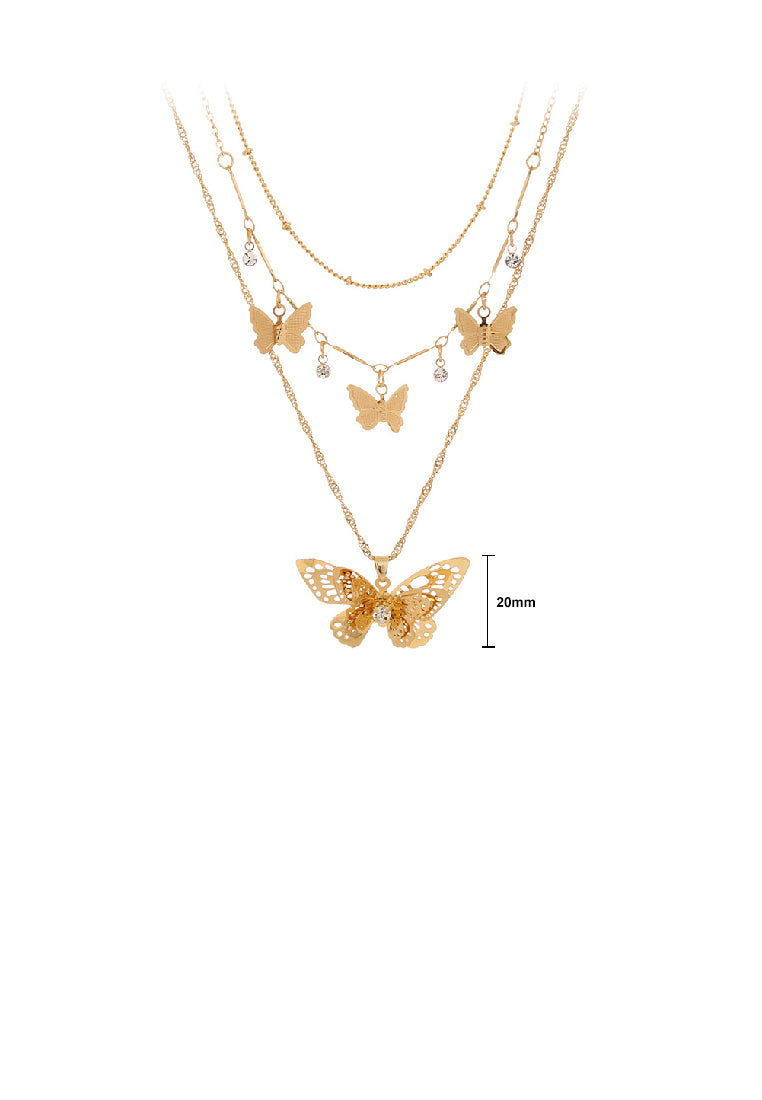 Fashion and Elegant Plated Gold Hollow Butterfly Pendant with Cubic Zirconia and Layered Necklace - Luxurious Look