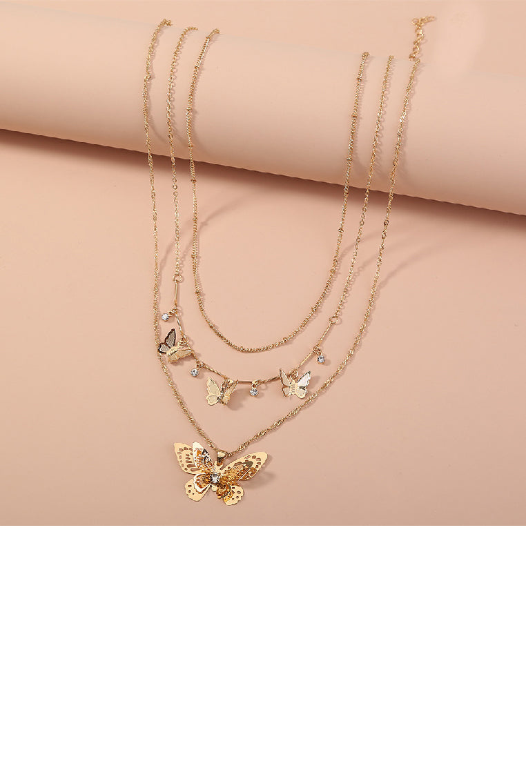 Fashion and Elegant Plated Gold Hollow Butterfly Pendant with Cubic Zirconia and Layered Necklace - Luxurious Look