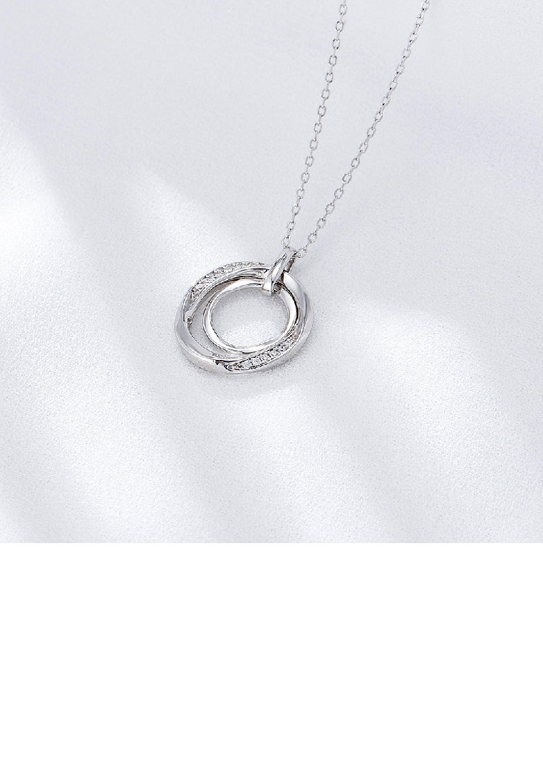 925 Sterling Silver Fashion Simple Geometric Double Ring Pendant with Cubic Zirconia and Necklace - Luxurious Look
