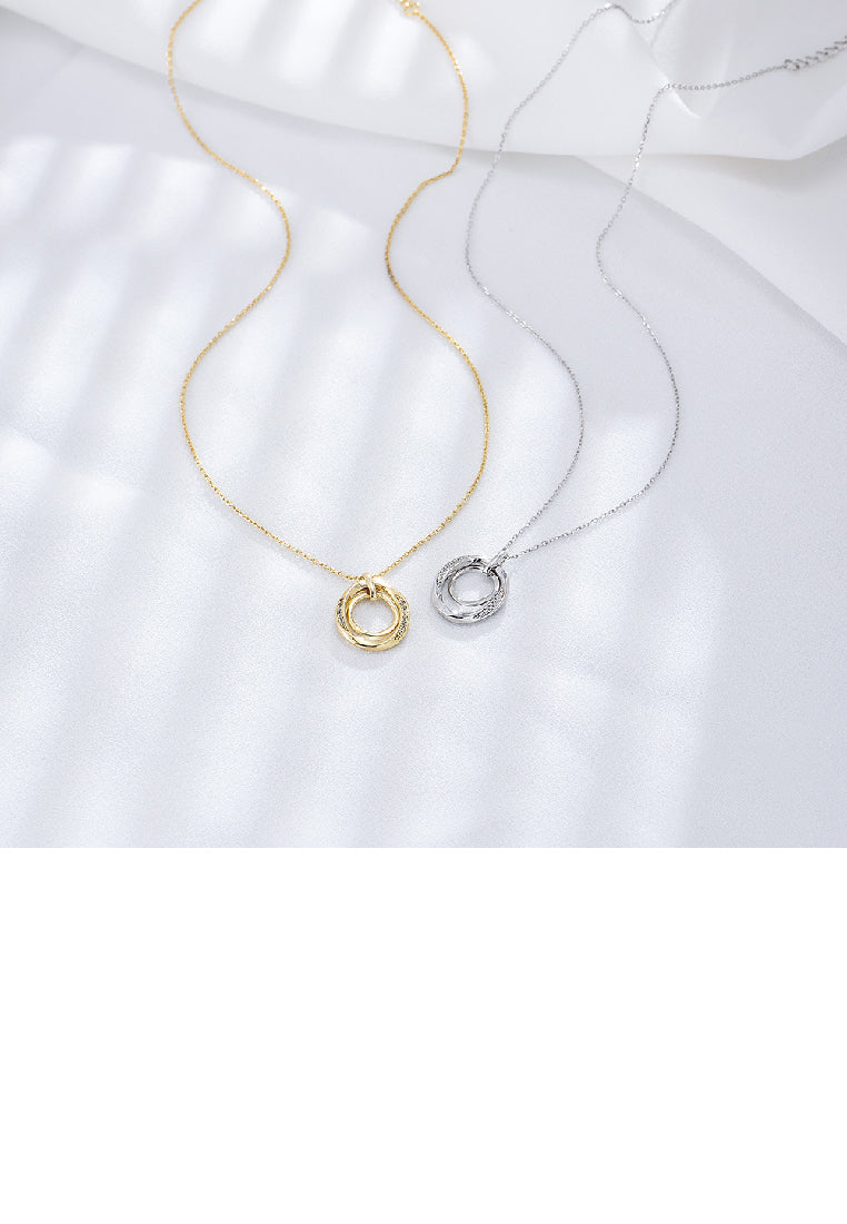 925 Sterling Silver Fashion Simple Geometric Double Ring Pendant with Cubic Zirconia and Necklace - Luxurious Look