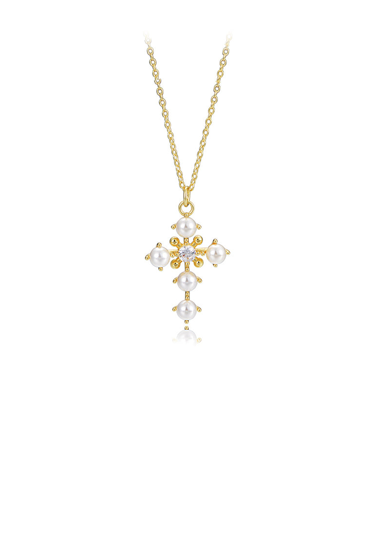 925 Sterling Silver Plated Gold Fashion Elegant Cross Imitation Pearl Pendant with Cubic Zirconia and Necklace - Luxurious Look