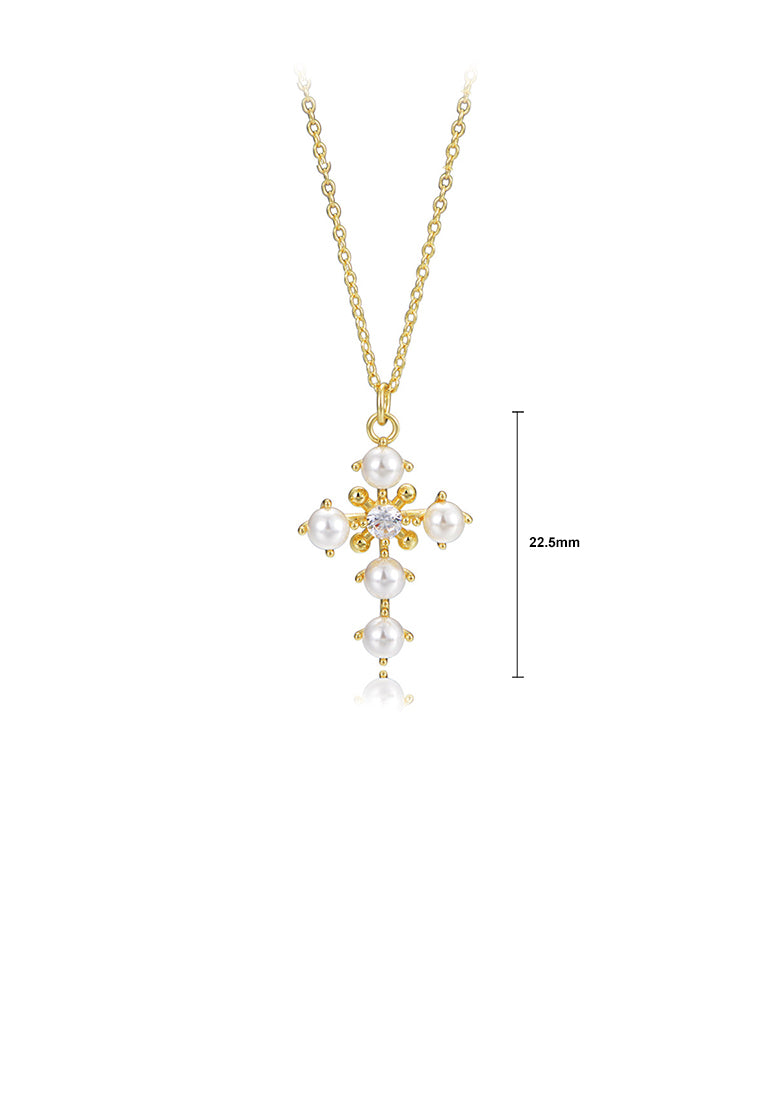 925 Sterling Silver Plated Gold Fashion Elegant Cross Imitation Pearl Pendant with Cubic Zirconia and Necklace - Luxurious Look